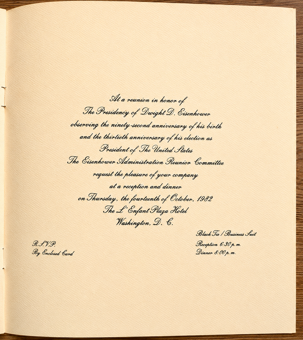 Eisenhower 92nd Birthday Anniversary. Eisenhower Administration 30th Anniversary Reunion. U.S. Presidential Ephemera with Facsimile Ronald Reagan White House Letter, 1982