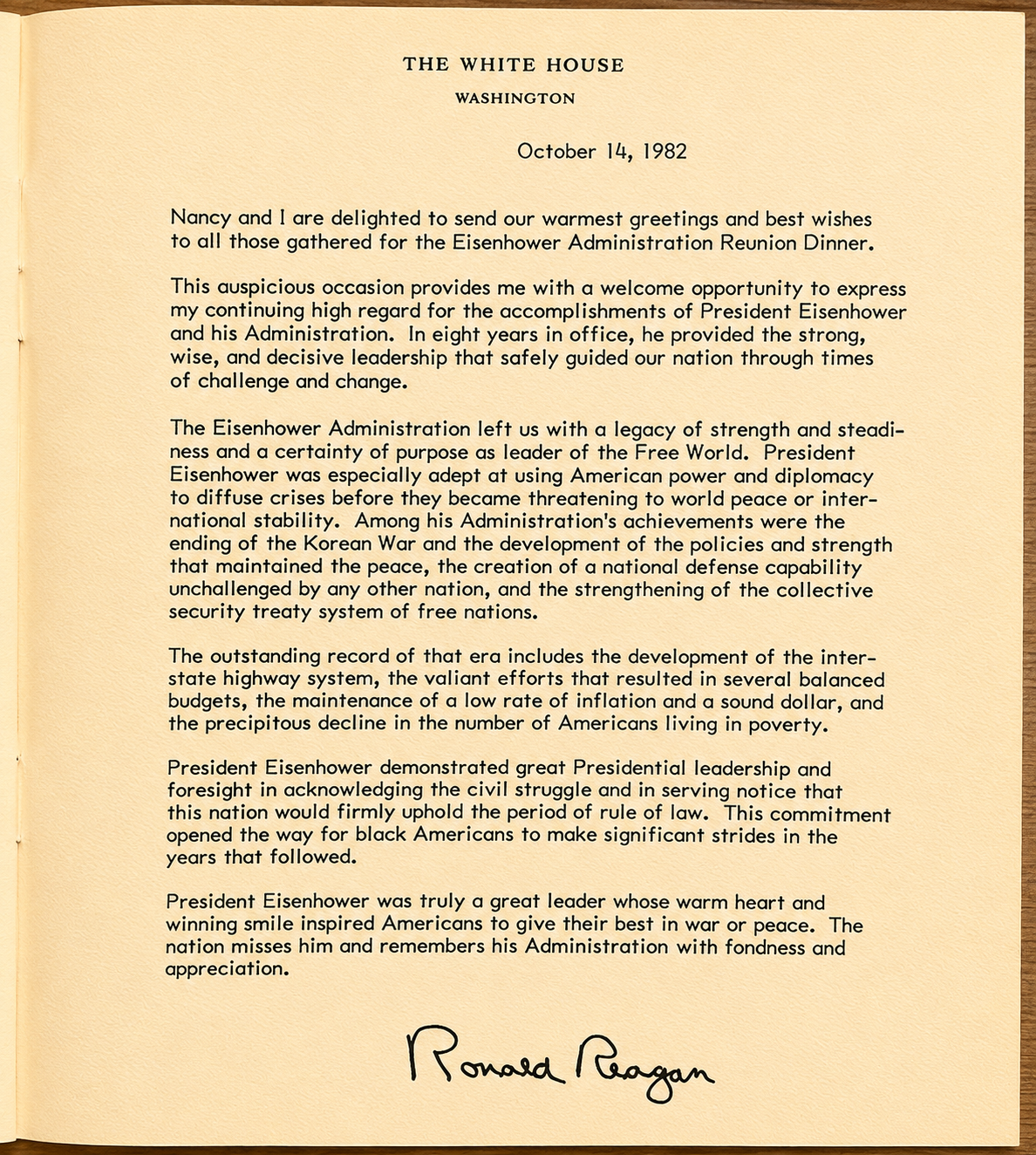 Eisenhower 92nd Birthday Anniversary. Eisenhower Administration 30th Anniversary Reunion. U.S. Presidential Ephemera with Facsimile Ronald Reagan White House Letter, 1982
