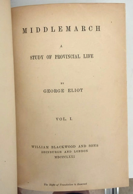 George Eliot's Middlemarch: A Study of Provincial Life, 1871–1872. [Four volumes with Original Wrappers Bound.]